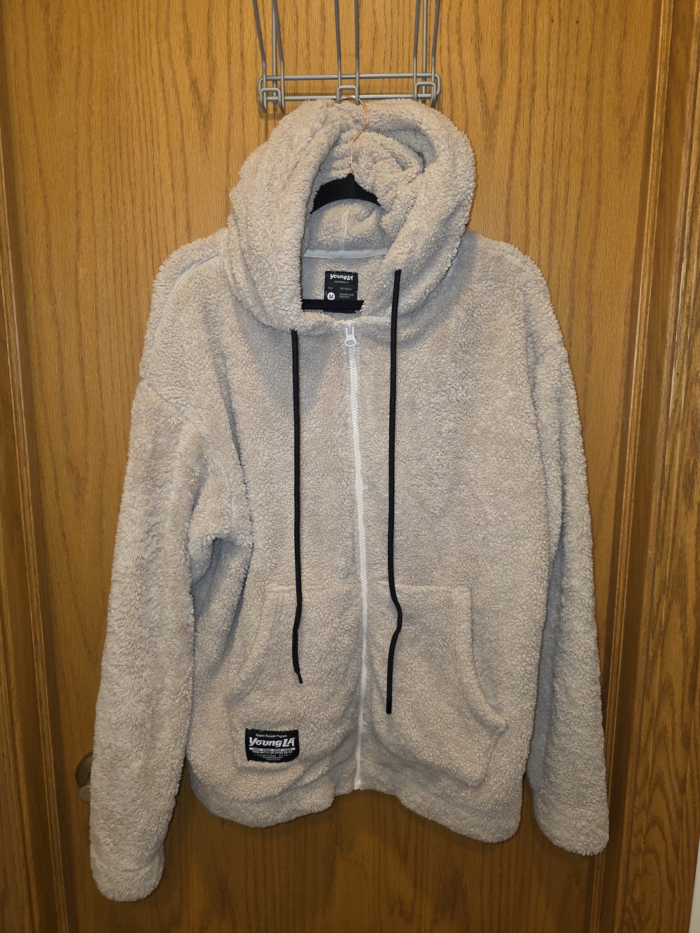 YoungLA Beige Sherpa Full Zip Hoodie with Black Drawstrings